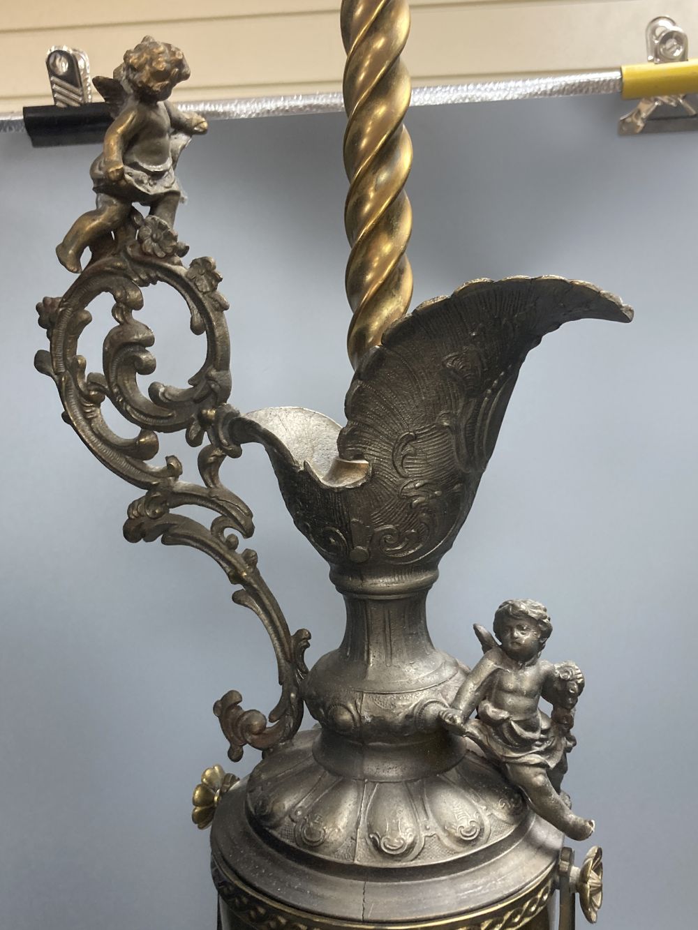 A table lamp in the form of a Renaissance style brass and spelter ewer, 72cm excl. light fitting